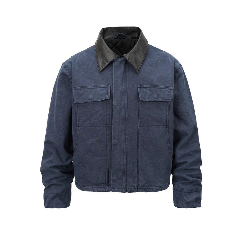 Men's canvas field jacket in overshirt look with leather collar and patch pockets Mune Fashion