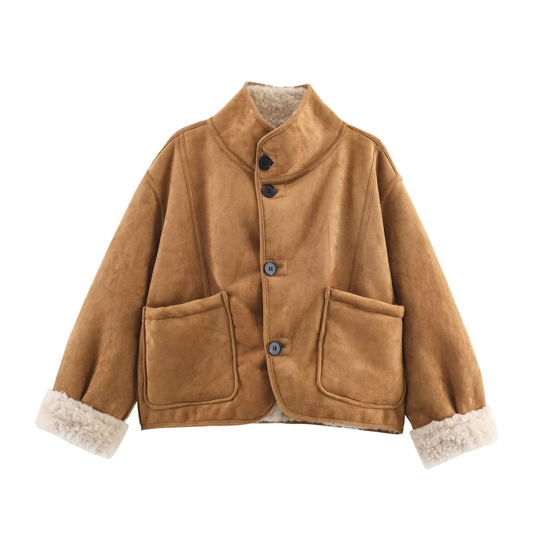 Women's Short Lambskin Imitation Jacket in Boxy Cut with Stand-Up Collar and Large Outer Pockets Mune Fashion