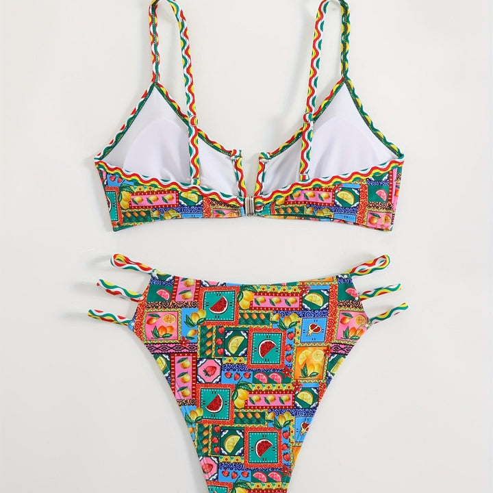 Women's bikini set with colorful fruit pattern and sophisticated strap details Mune Fashion