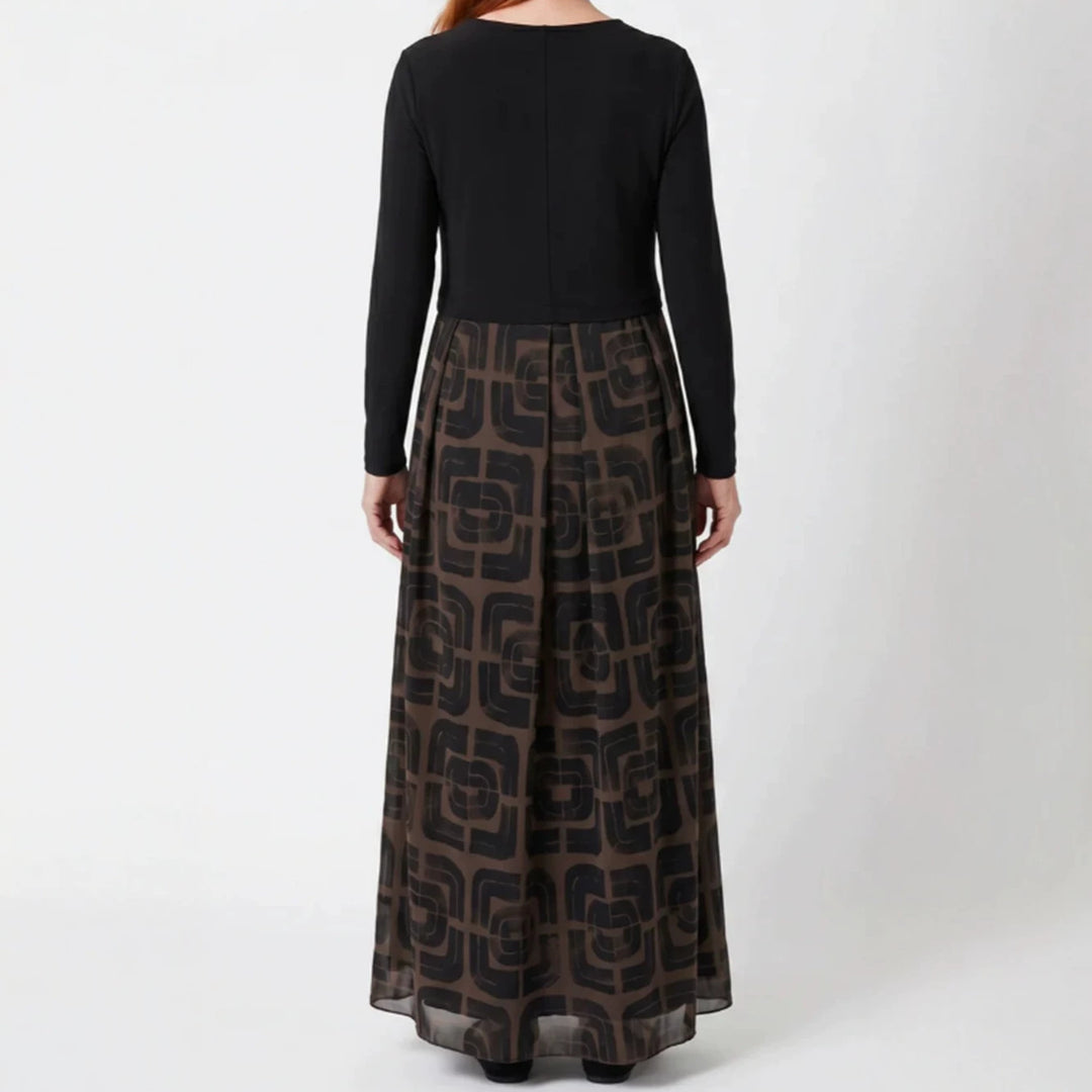 Ladies' V-neck Maxi Dress with Fitted Wrap Top and Transparent Patterned Overlay Skirt Mune Fashion