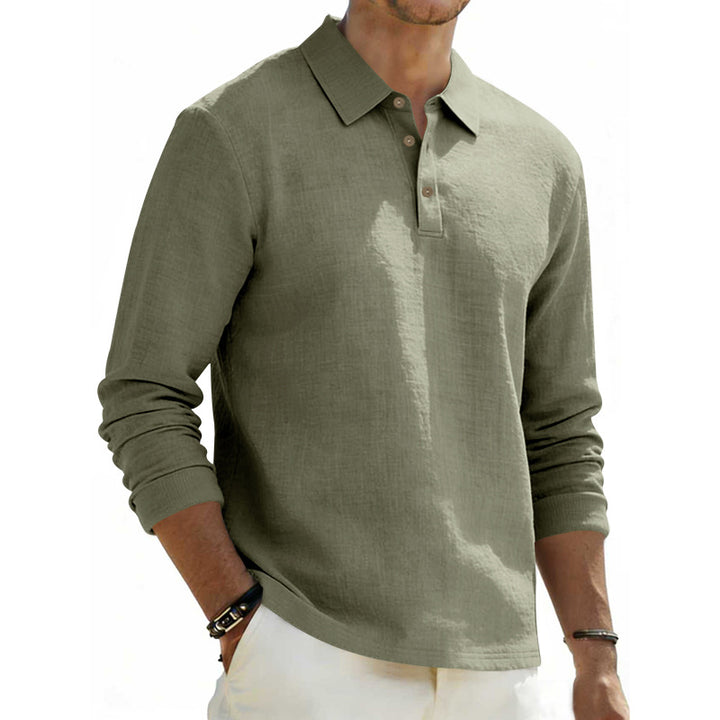 Men's long sleeve polo shirt made of linen with Henley button placket and Kent collar Mune Fashion