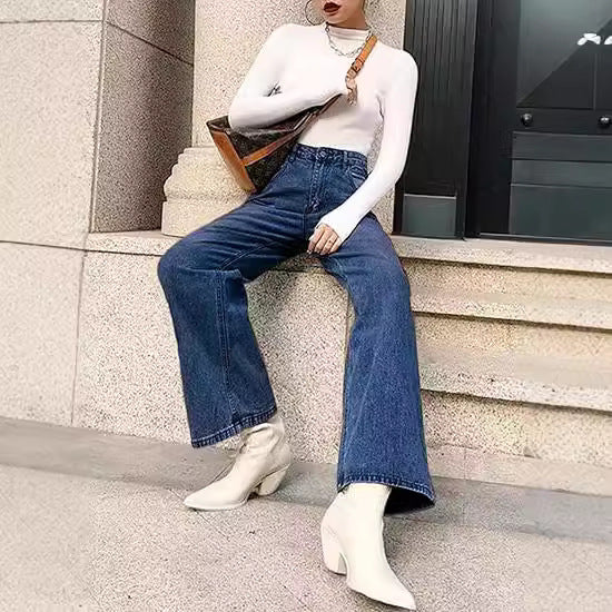 Women high-waisted wide denim pants with straight flare and classic five-pocket design Mune Fashion