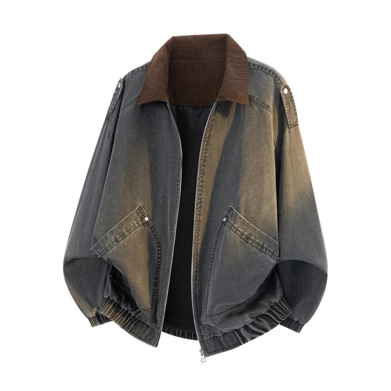 Men's Oversized Jeans Bomber Jacket with ribbed stand-up collar, patch pockets and elastic hem Mune Fashion