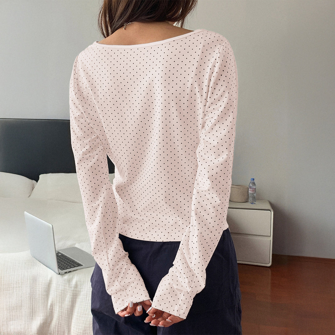 Women's knitted cropped long sleeve with fine polka dot pattern and U-neck Mune Fashion