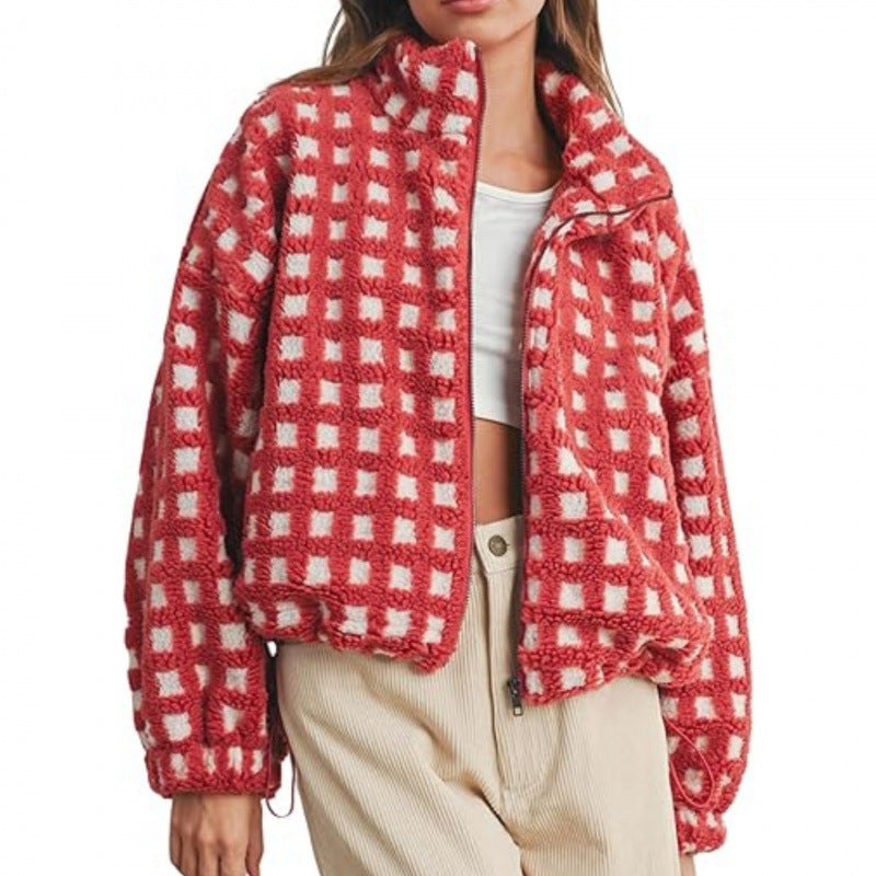 Ladies short-cut Sherpa fleece jacket with geometric pattern and drawstring Mune Fashion