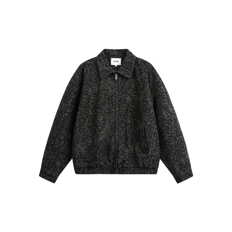 Unisex Lightly quilted Boxy jacket in denim look with tonal leopard print and elastic hem Mune Fashion
