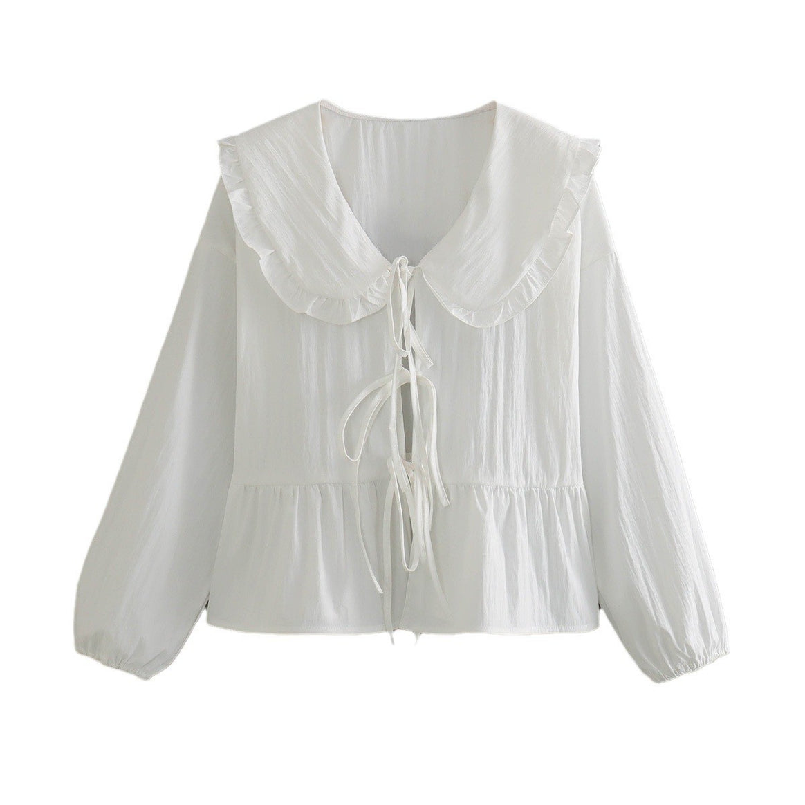 Women's Ruffle Blouse with Large Peter Pan Collar, Ties and Balloon Sleeves Mune Fashion