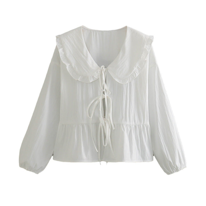 Women's Ruffle Blouse with Large Peter Pan Collar, Ties and Balloon Sleeves Mune Fashion