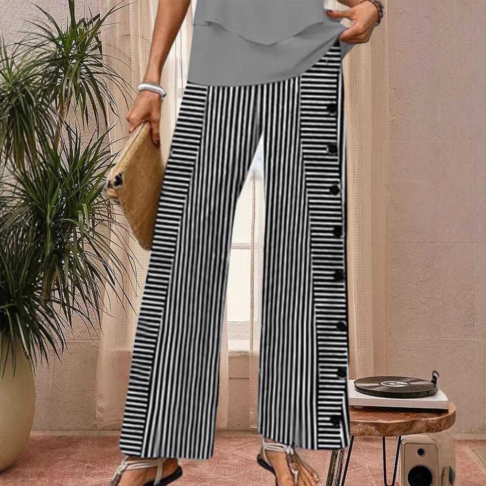 Ladies' wide Palazzo pants with vertical pinstripe look and side button placket Mune Fashion