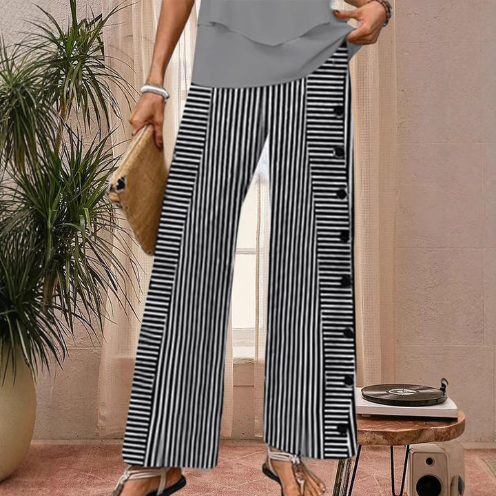 Ladies' wide Palazzo pants with vertical pinstripe look and side button placket Mune Fashion