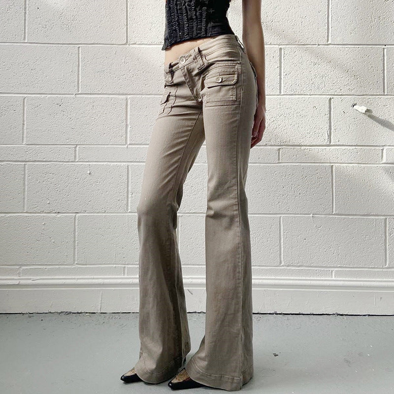 Women High-Waist Cargo-Flare Pants with Wide Leg and Patch Pockets Mune Fashion