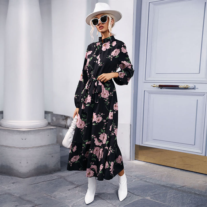 Women Elegant Floral Maxi Dress with Ruffles and Belt Mune Fashion
