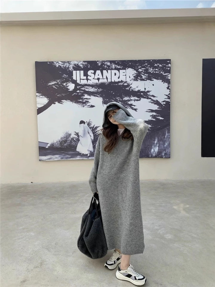 Women Long Hoodie Knit Dress Made of Wool Blend with Relaxed Oversize Silhouette and Ribbed Hem Mune Fashion