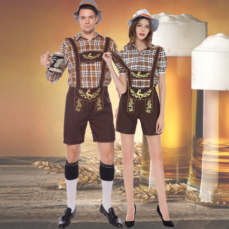 Ladies' short traditional suspenders with embroidered straps and checkered blouse set Mune Fashion
