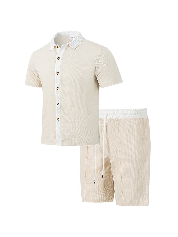 Men's modern leisure set made of fine textured jersey with shirt collar button placket and drawstring shorts Mune Fashion