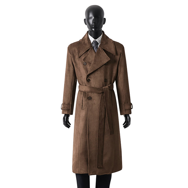 Men's Maxi Length Velour Coat in Trench Look with Wide Lapels and Belt Mune Fashion