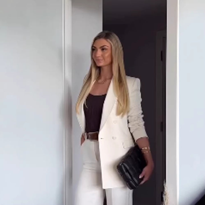 Women Fitted Double-Breasted Long Blazer with Light Shoulder Pads and Clean Lapels Mune Fashion