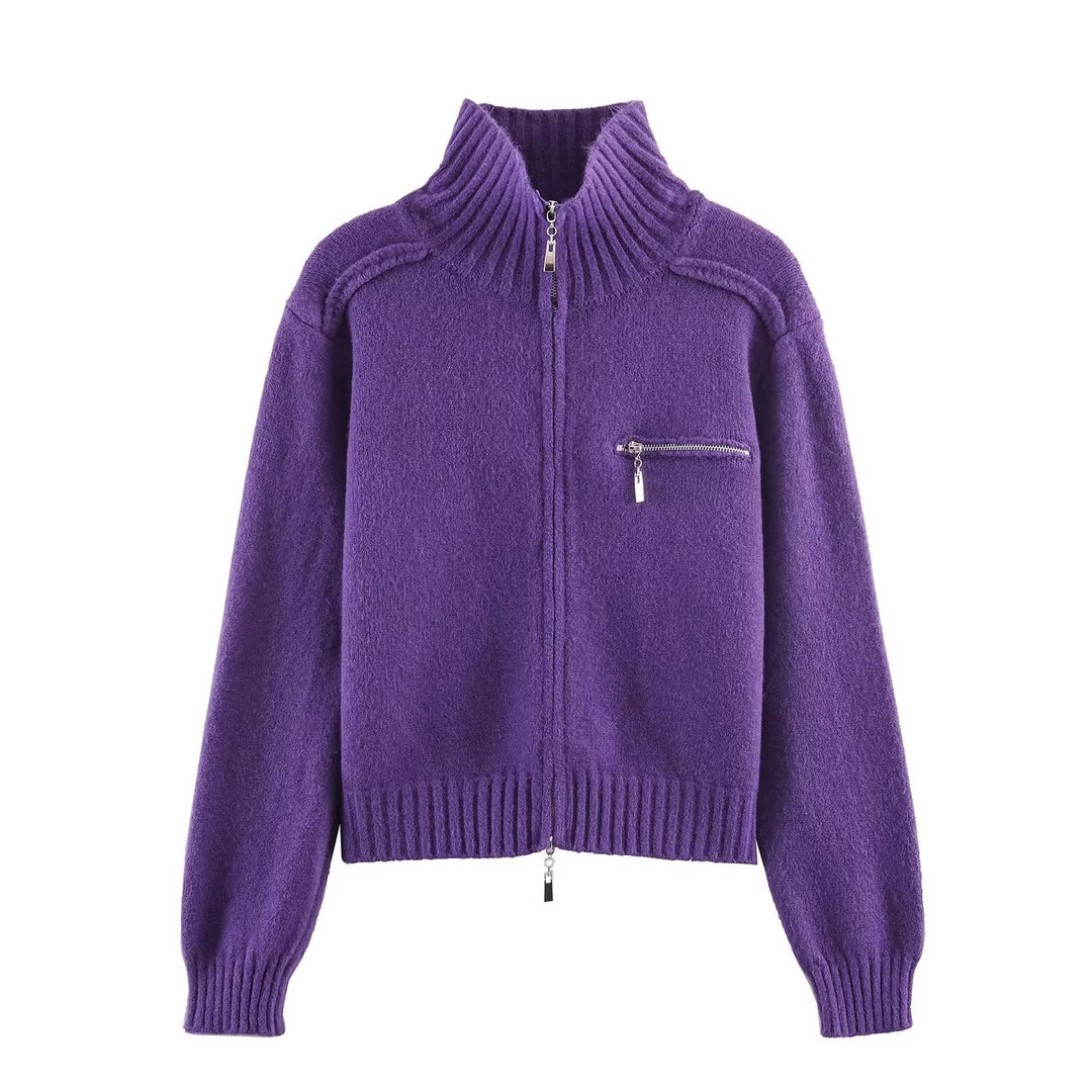 Women's Chunky Knit Zip-Up Cardigan with High Ribbed Collar and Chest Pocket Mune Fashion