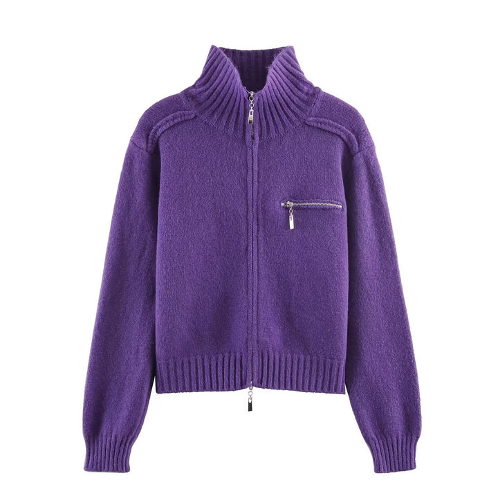 Women's Chunky Knit Zip-Up Cardigan with High Ribbed Collar and Chest Pocket Mune Fashion