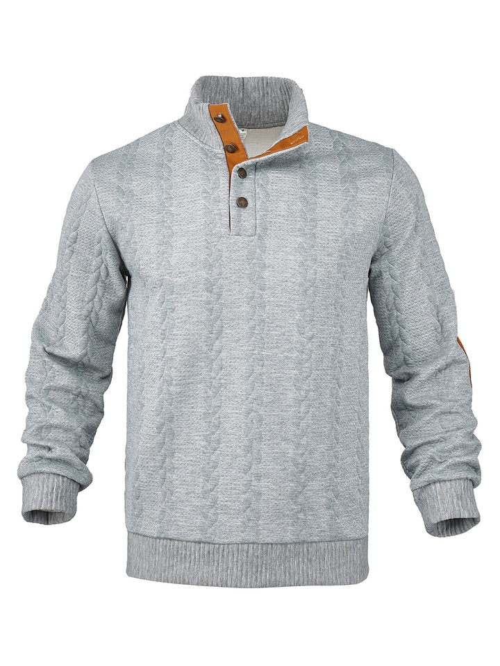 Men's Cable Knit Half Button Sweater with High Stand Collar and Suede Elbow Patches Mune Fashion
