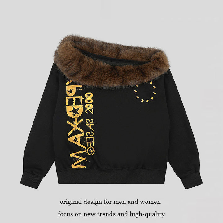 Women's oversized sweatshirt with faux fur collar, ribbed cuffs and statement print Mune Fashion