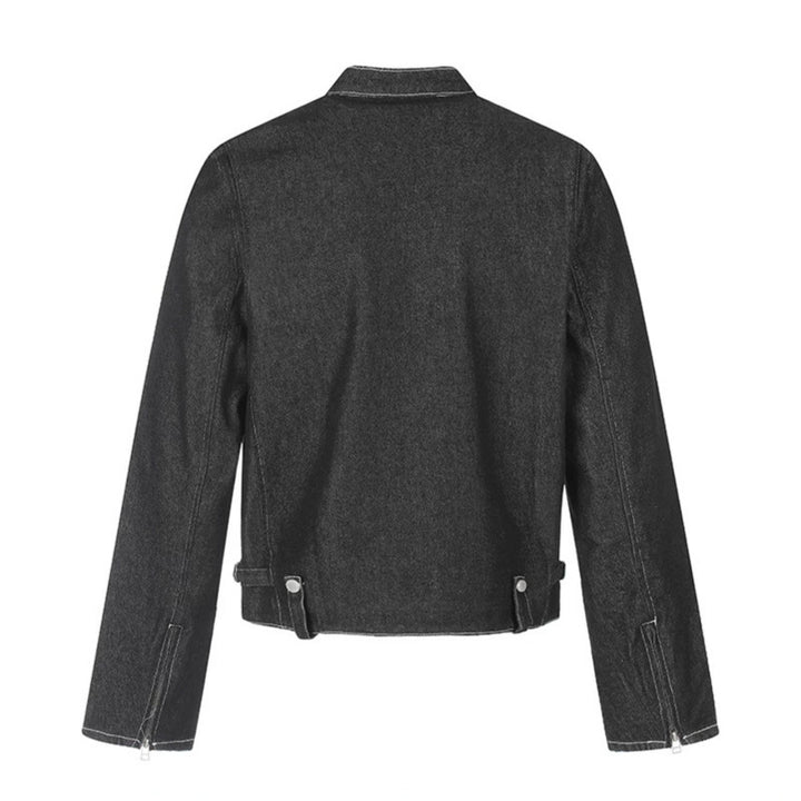 Women's short denim biker jacket with stand-up collar, zipper and snap button details Mune Fashion