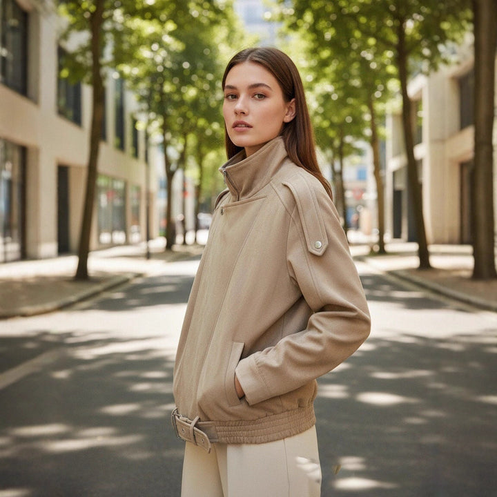 Women's short jacket in suede look with high stand-up collar, shoulder flaps and waist belt Mune Fashion
