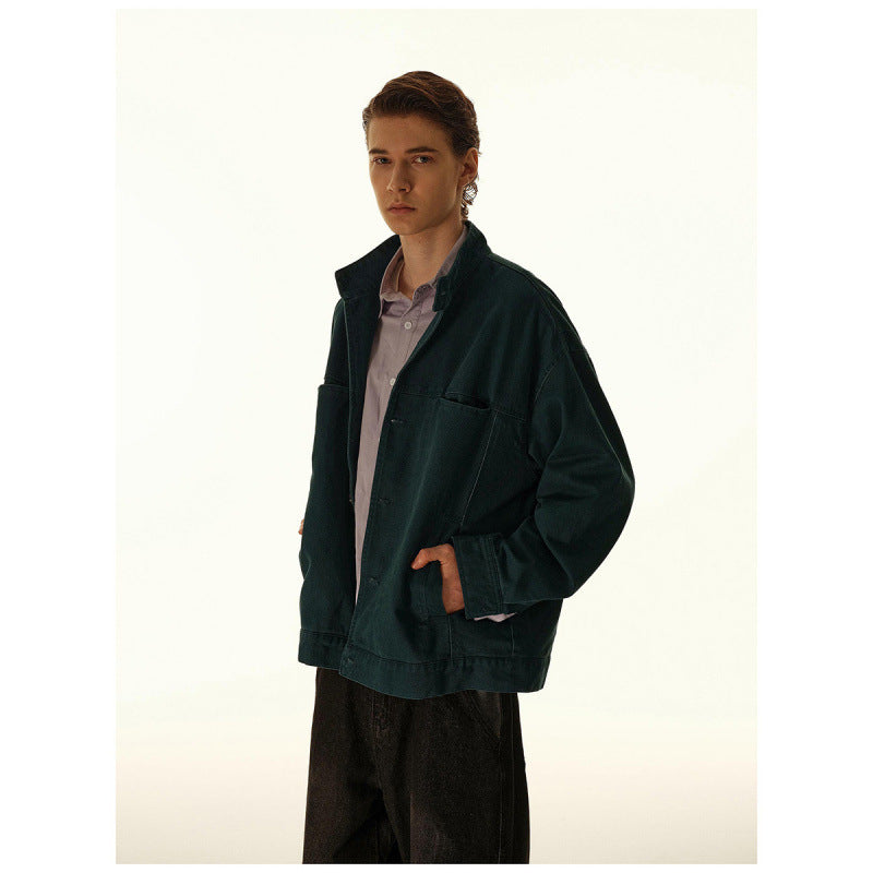 Men's Loose Canvas Overshirt with Stand-Up Collar, Patch Pockets and Distinctive Stitching Details Mune Fashion