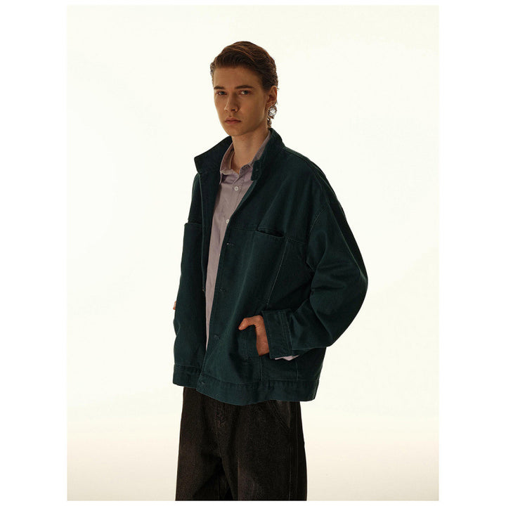 Men's Loose Canvas Overshirt with Stand-Up Collar, Patch Pockets and Distinctive Stitching Details Mune Fashion