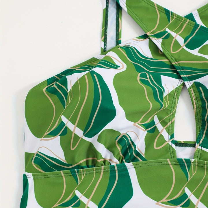 Women's one-piece swimsuit with modern cut and green leaf pattern Mune Fashion