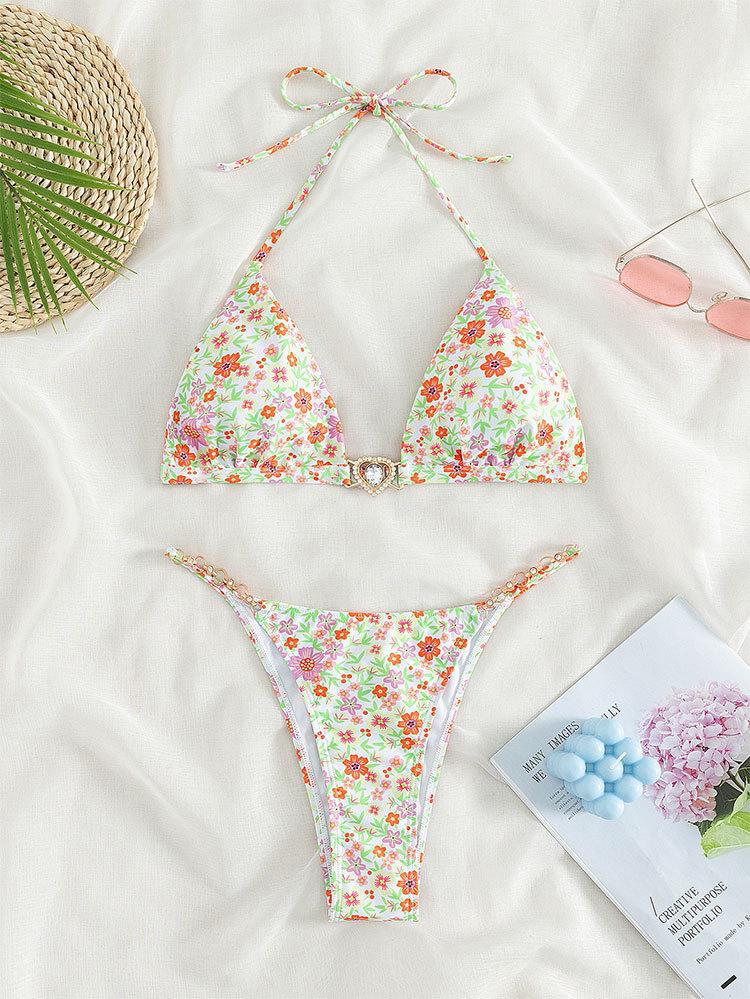 Women's triangle bikini with decorative chain details and floral accents Mune Fashion