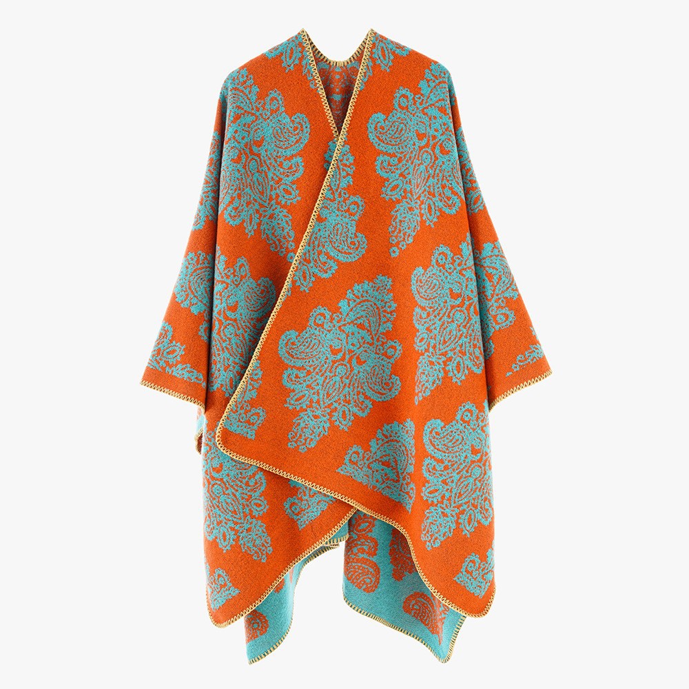 Women's wool blend cape poncho with double-sided jacquard paisley and contrasting rolled edge