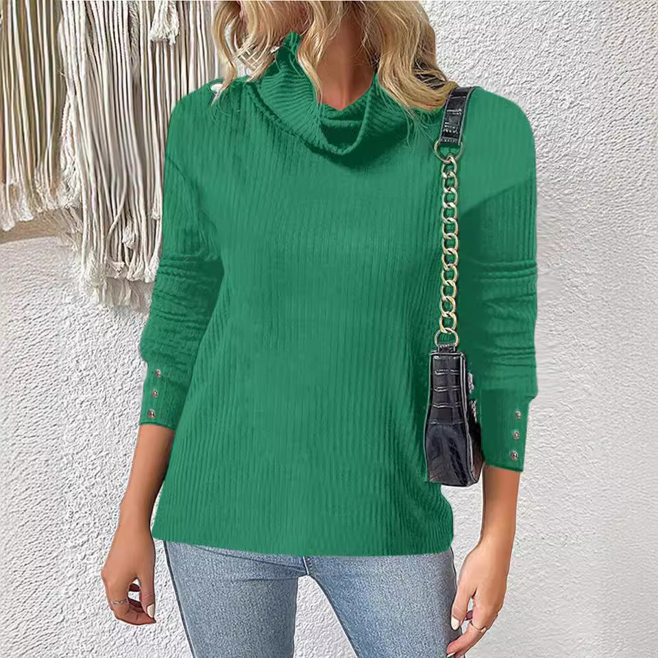 Women's Ribbed Turtleneck Sweater with 3/4 Sleeves and Decorative Button Placket Mune Fashion