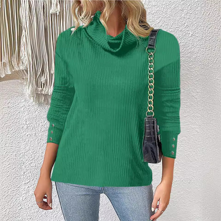 Women's Ribbed Turtleneck Sweater with 3/4 Sleeves and Decorative Button Placket Mune Fashion