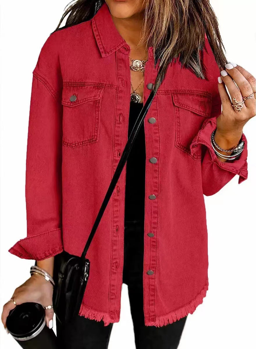 Women's Oversized Denim Shirt Jacket with Fringe Hem Mune Fashion
