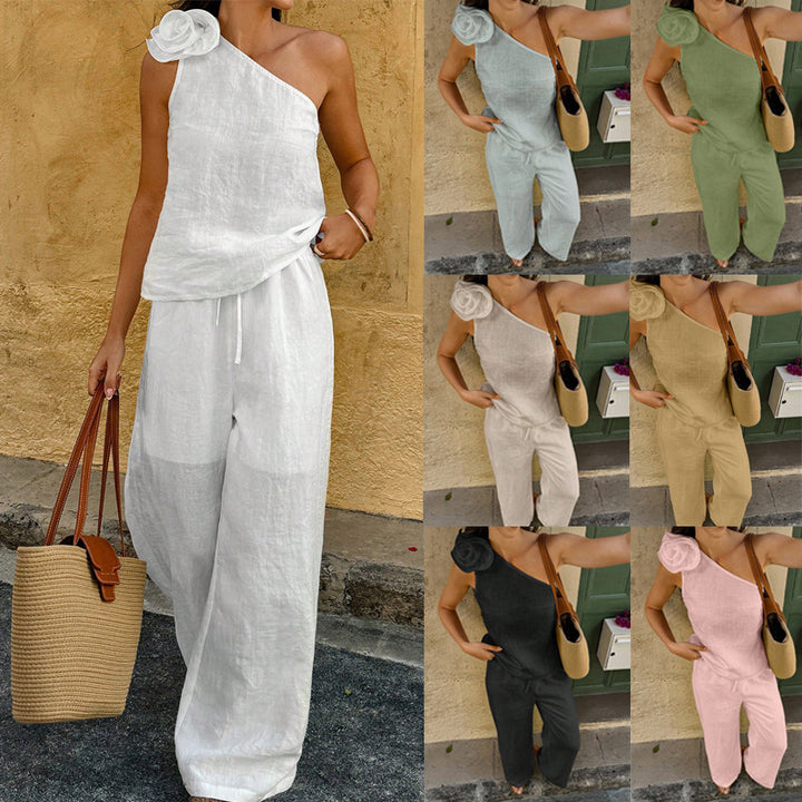 Women One-Shoulder Linen Jumpsuit with Decorative Rosette and Wide Leg Mune Fashion