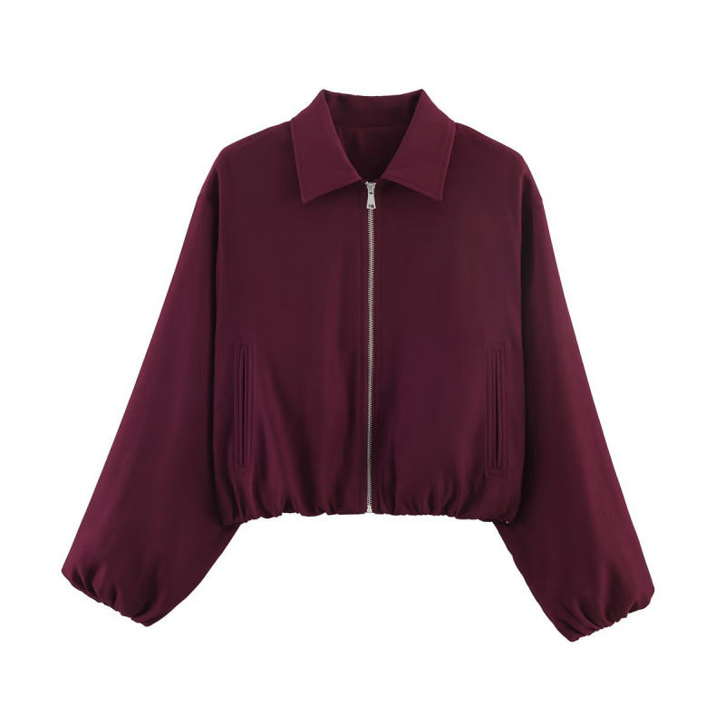 Women Polka Dot Cropped Bomber Jacket in Retro Look with Shirt Collar and Elastic Hem Mune Fashion