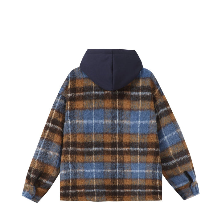 Unisex short cut plaid faux fur jacket with hood and zipper Mune Fashion