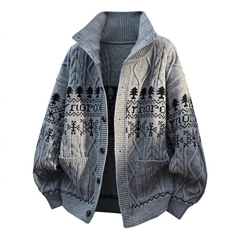 Women's knitted Norwegian cardigan with stand-up collar, cable pattern, and patch pockets Mune Fashion