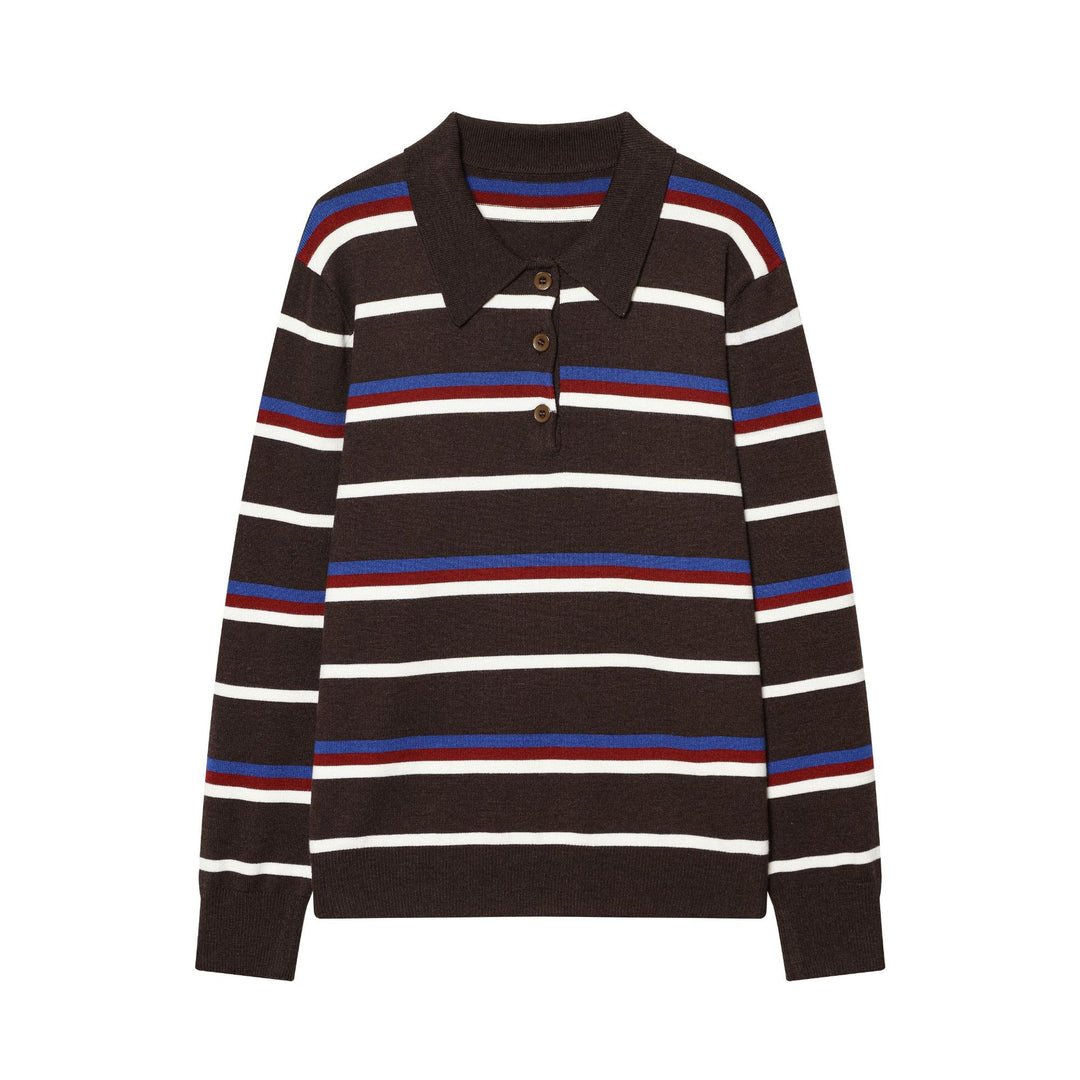 Women's striped fine knit polo sweater with button placket, ribbed cuffs, and light wool blend Mune Fashion