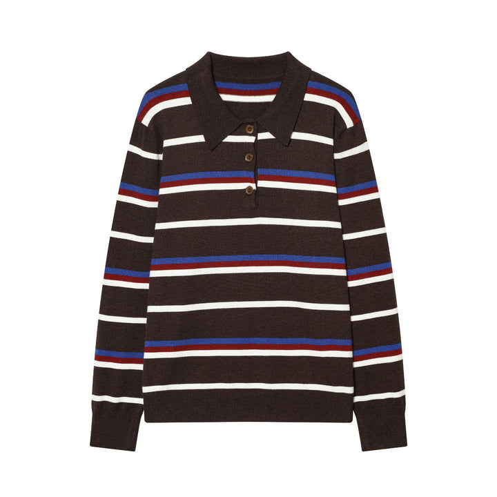 Women's striped fine knit polo sweater with button placket, ribbed cuffs, and light wool blend Mune Fashion