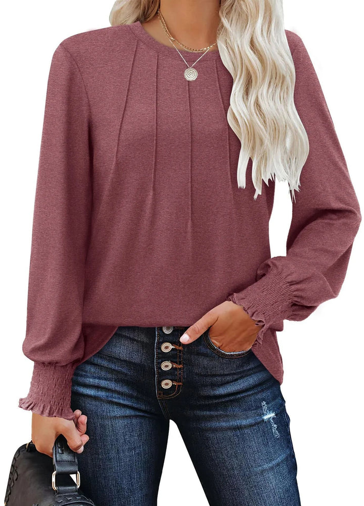 Women's long sleeve tunic with vertical pintucks and gathered ruffle cuffs Drune