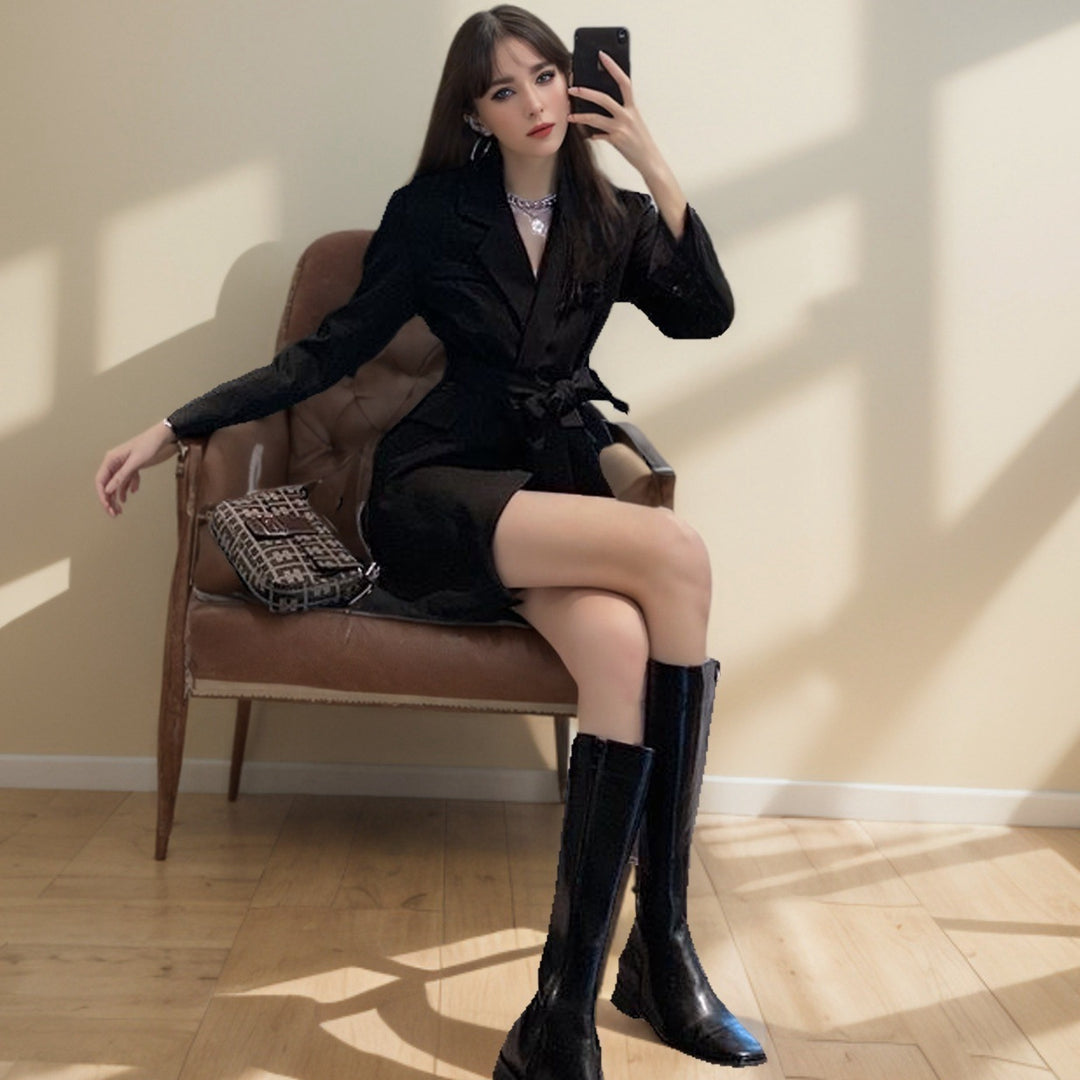 Women Tailored Blazer Coat with Tie Belt and Flap Pockets Mune Fashion