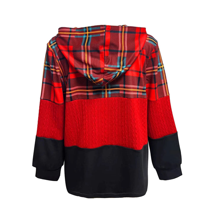 Women's long patchwork-style hooded jacket with check and knit inserts, front zipper and side pockets Mune Fashion