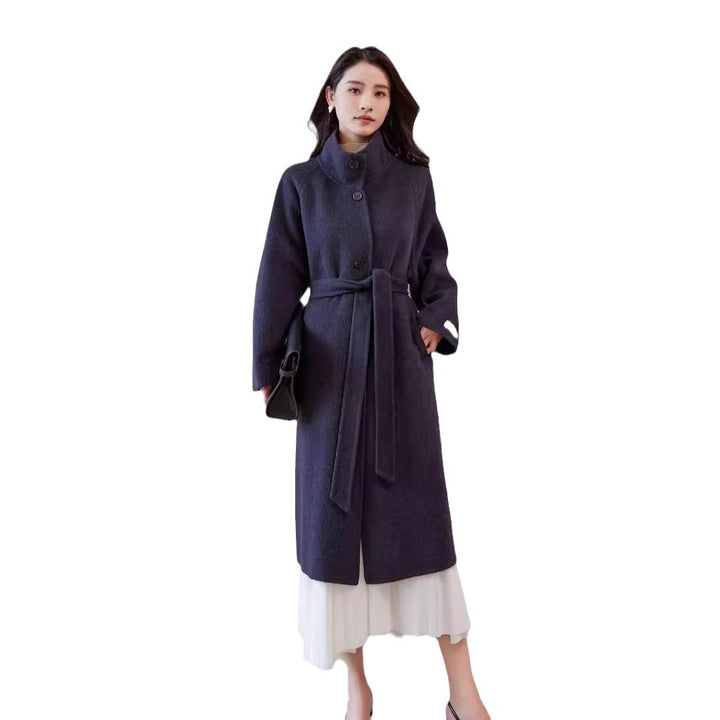 Women's Oversized Wool Coat with Stand-up Collar and Waist Belt Mune Fashion