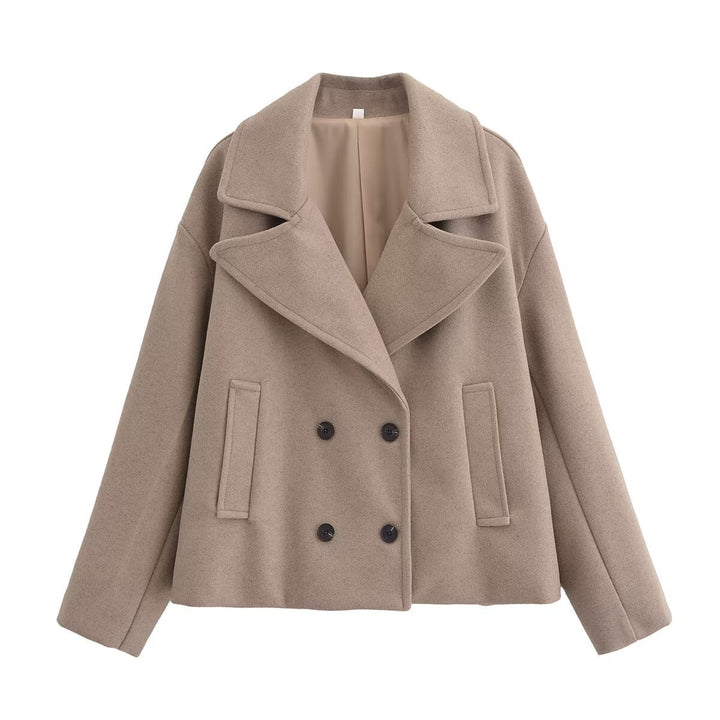 Women short cut wool blend peacoat with wide lapels and side pockets Mune Fashion