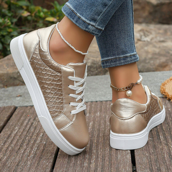 Women Shiny Sneakers with Crocodile Embossing, Padded Insole and Slip-Resistant Profile Sole Mune Fashion