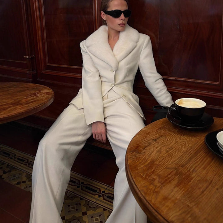 Ladies Tailored Blazer with Faux Fur Shawl Collar & Wide Pleated Trousers Mune Fashion