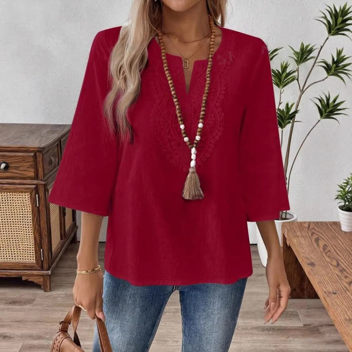 Women's Embroidered Linen Tunic with V-Neck and Three-Quarter Sleeves Mune Fashion