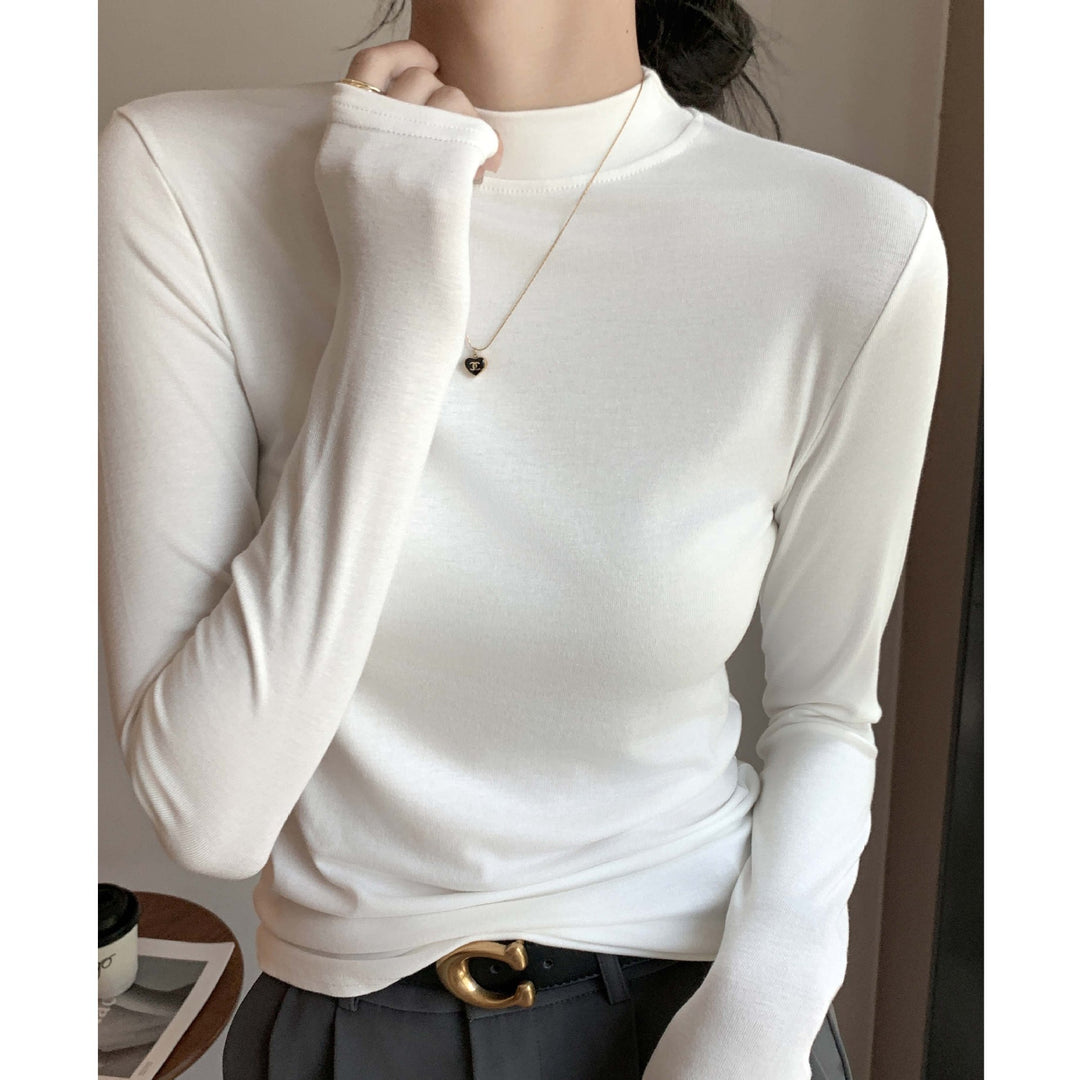 Women's Elegant Long Sleeve Shirt with High Neck Collar Mune Fashion
